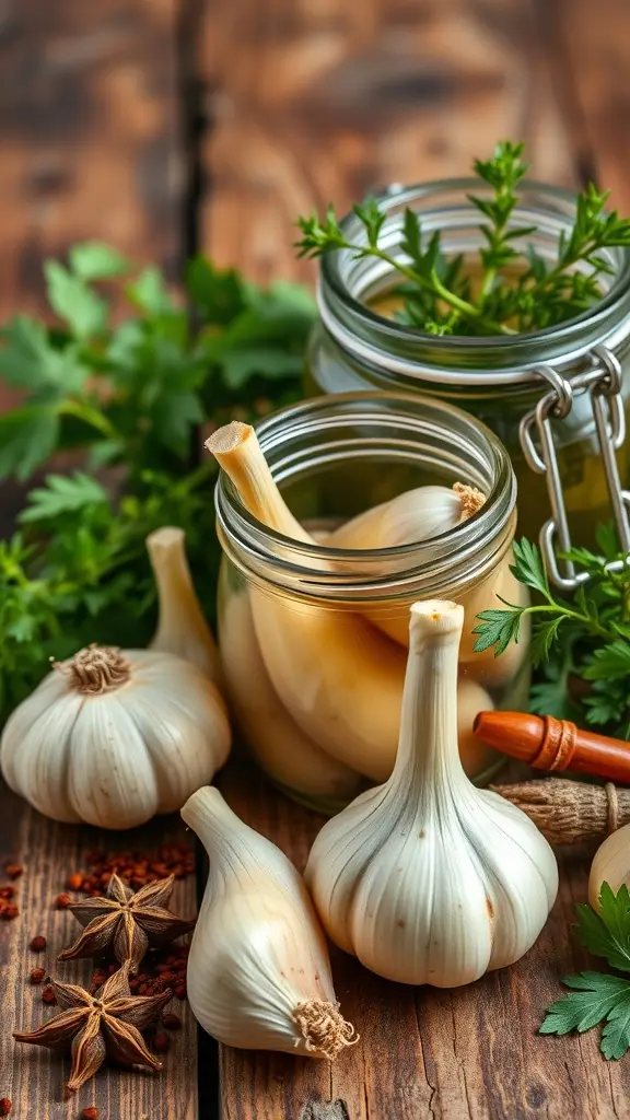Jars of pickled garlic cloves with fresh herbs and spices on a wooden table.