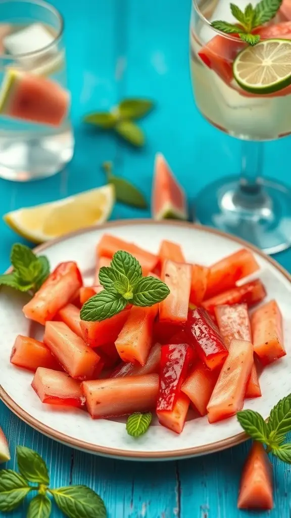 A plate of sweet and spicy watermelon rind pickles garnished with mint leaves, with drinks in the background.