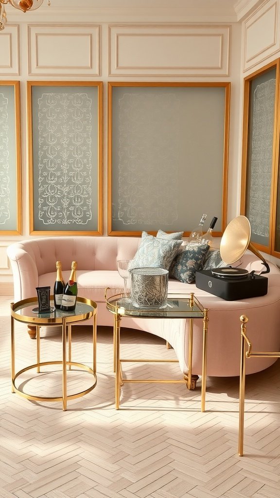 A blush velvet couch in an elegant salon with gold accents and champagne decor.