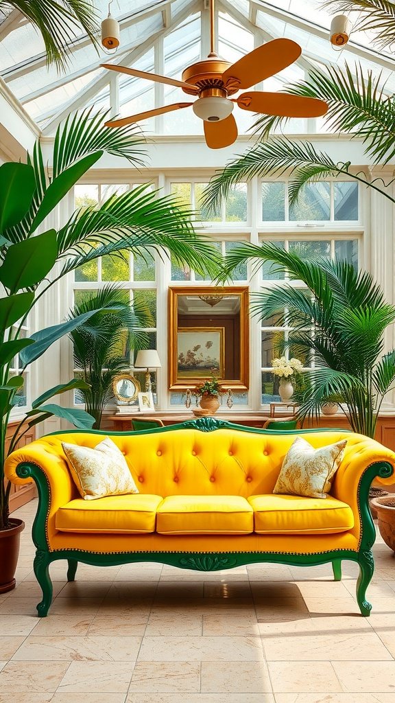 A vibrant canary yellow velvet couch with emerald green trim, featuring decorative pillows, set in a sunlit room filled with plants.