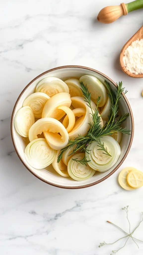 A bowl of thinly sliced fennel with herbs, ready for pickling.