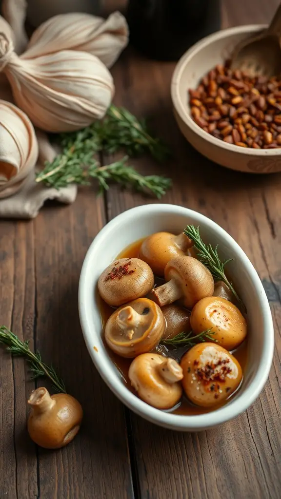 A bowl of pickled mushrooms with herbs and spices on a wooden table.