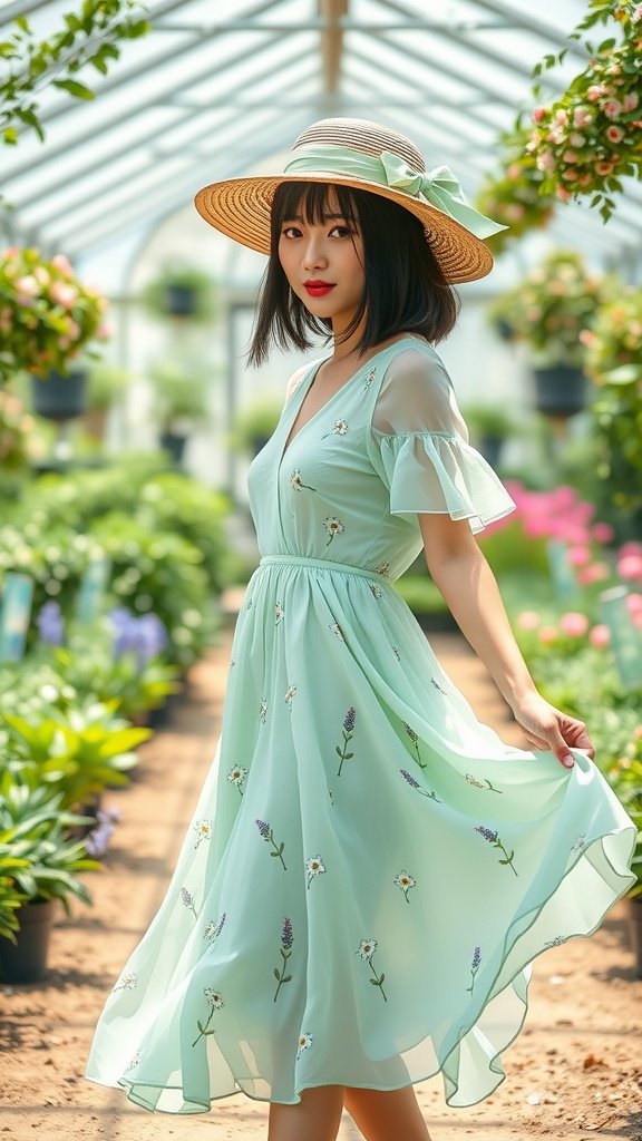 A woman wearing a mint chiffon dress with garden embroidery, standing in a greenhouse surrounded by flowers.