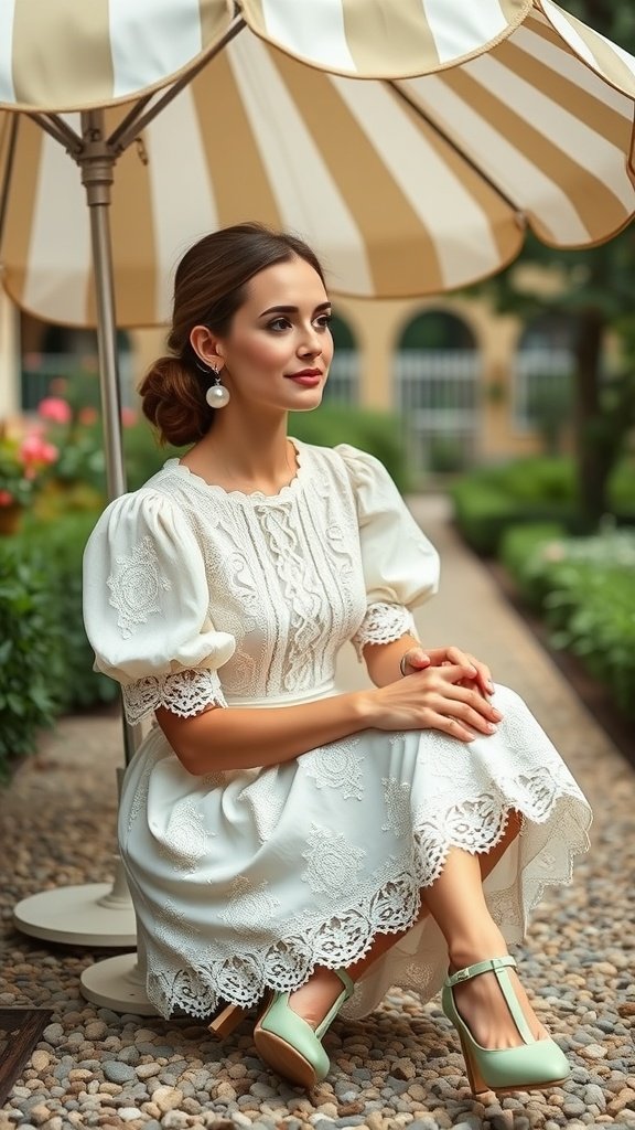 A woman in an ivory lace dress with puffed sleeves, sitting gracefully in a garden setting, styled with pearl earrings and mint green shoes.