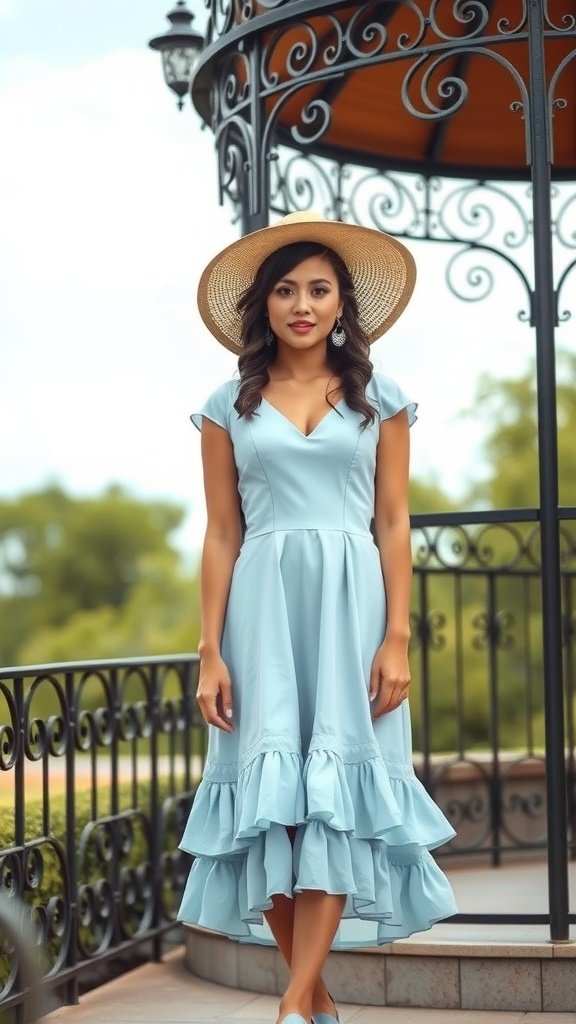 A woman in a powder blue drop waist dress with ruffles, wearing a straw hat, standing in a garden setting.