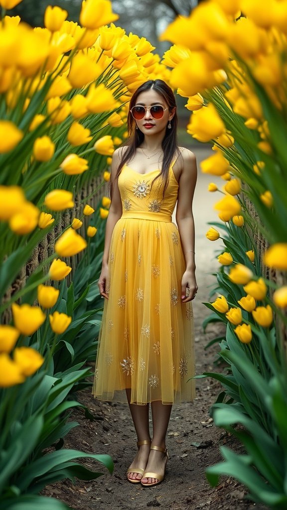 A woman in a lemon tulle dress with sequins standing among yellow tulips