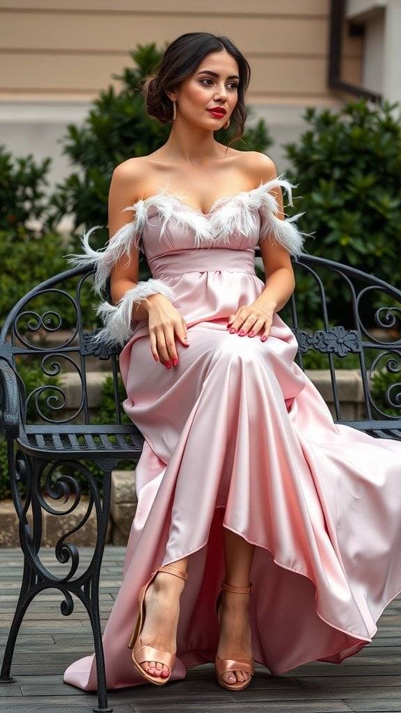 A woman in a blush satin dress with feather trim, sitting elegantly on a bench in a garden setting.