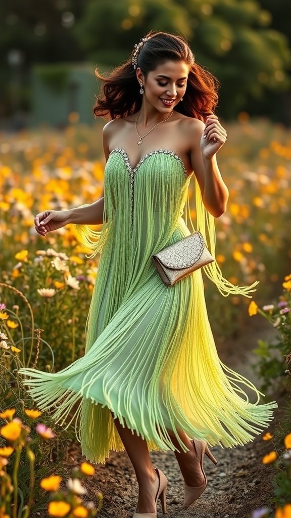 A woman in a pistachio fringe dress with glass beads, surrounded by flowers in a garden.