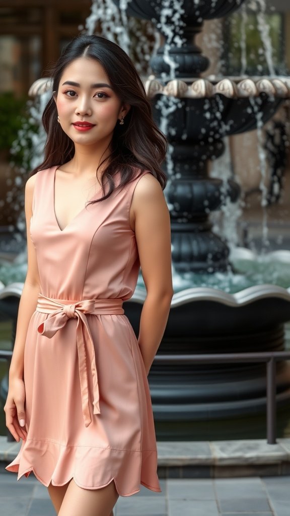 A woman in a rose gold lace dress with a ribbon tie, standing by a fountain.