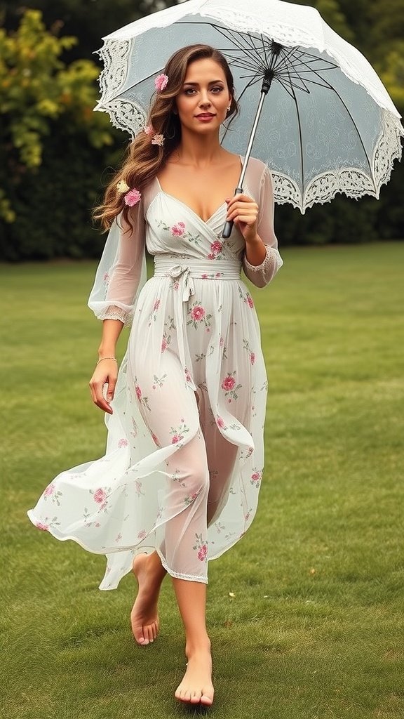A woman in a pastel floral organza dress holding a parasol, walking barefoot in a garden.