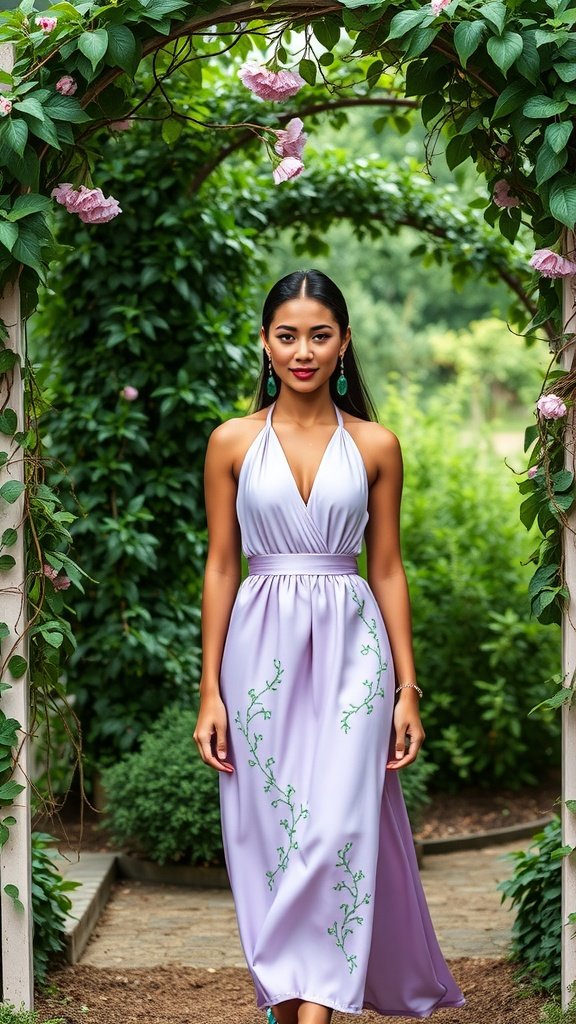 A woman wearing a lilac silk dress with embroidered vines, standing in a garden.