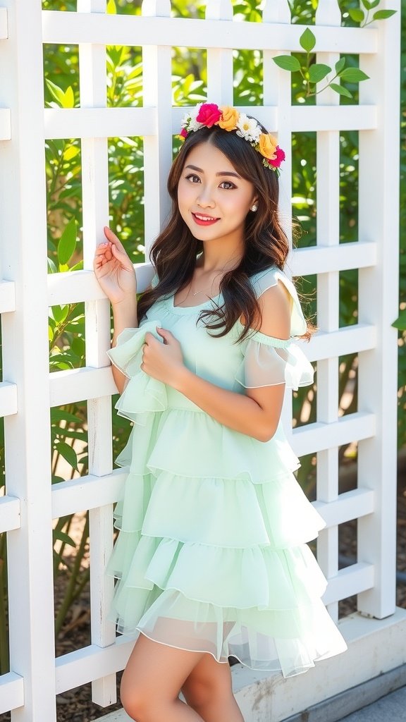 A woman wearing a seafoam ruffled dress with sheer panels, standing by a white fence adorned with greenery.