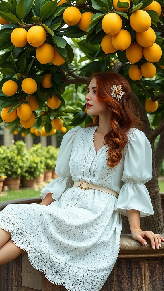 A woman in a vintage white eyelet midi dress sitting under a lemon tree, styled with waves and a hair accessory.