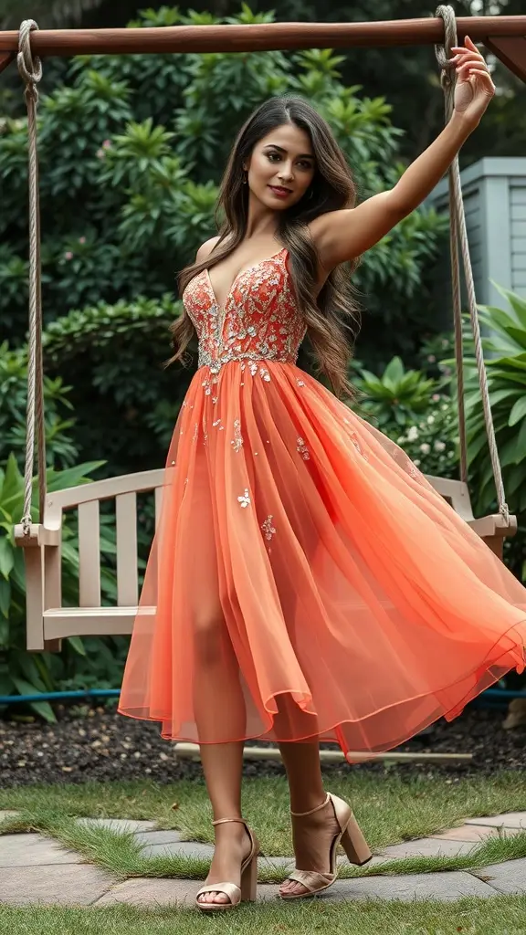 A woman in a coral tulle dress with crystal details, standing on a swing in a garden.