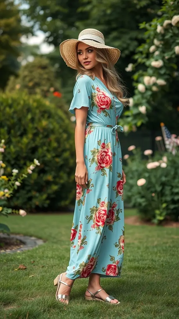 A woman in a sky blue floral dress with a straw hat, standing in a garden.