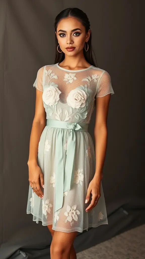 A woman wearing a floral mesh tea dress with intricate embroidery, styled for a garden party.