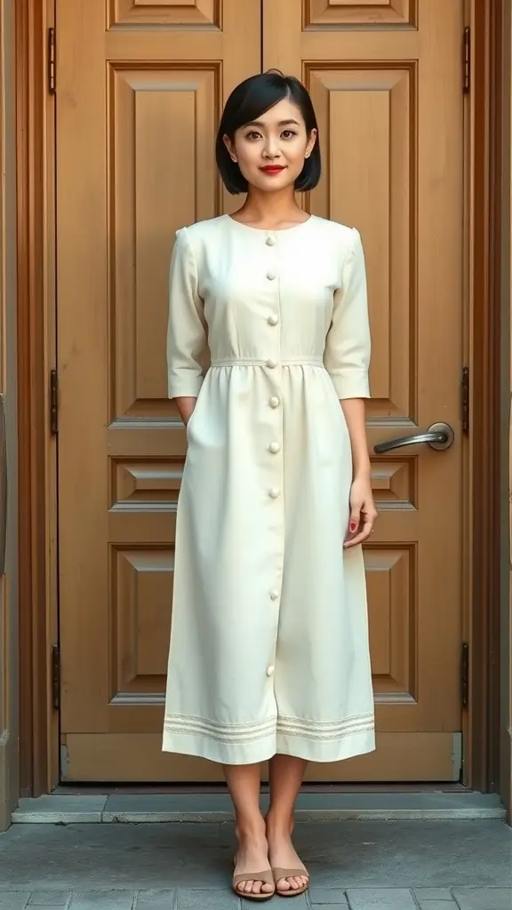 A woman wearing a cream linen dress with pearl buttons, standing in front of a wooden door.