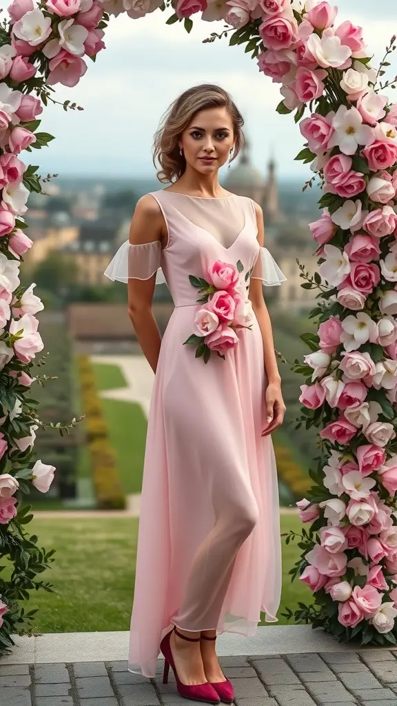 A woman wearing a sheer pink organza dress with a floral overlay, standing in front of a floral arch.