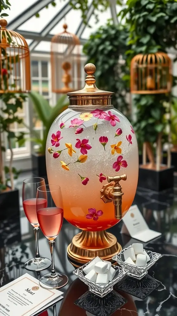 A decorative glass orb dispenser filled with a bubbly champagne and elderflower punch, garnished with flowers, with glasses beside it.