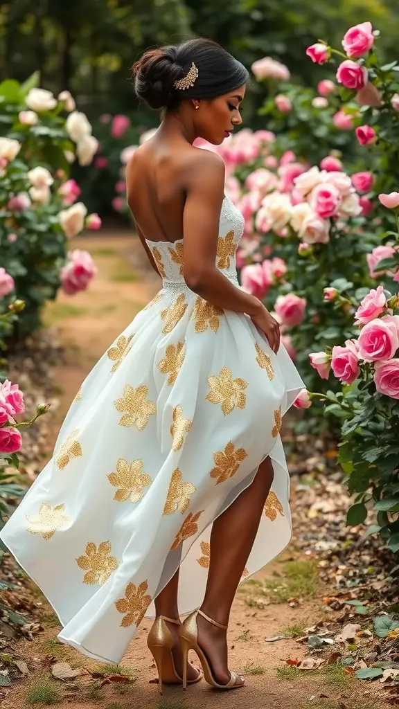 A woman in a gold foil-print garden dress standing in a rose garden.
