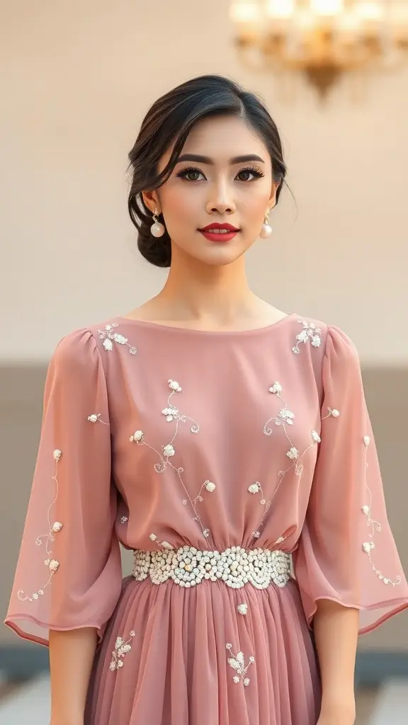 A woman wearing a dusty rose chiffon dress with embellished sleeves, styled for a garden party.