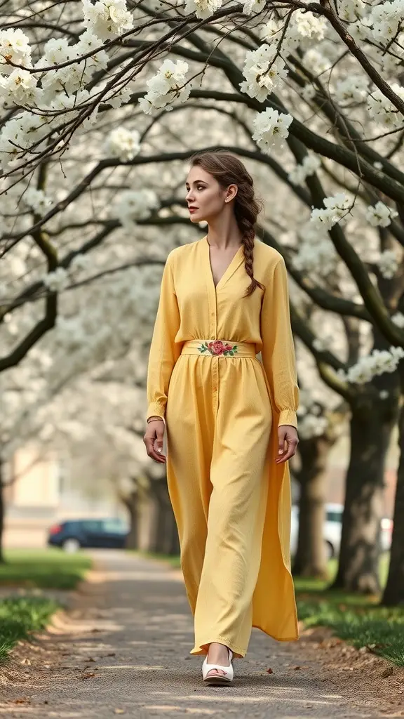 A woman wearing a yellow linen dress with a floral belt, walking under blooming trees.