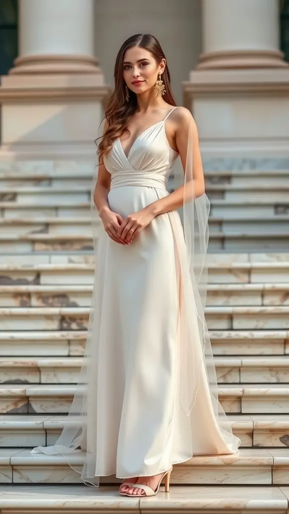 A woman in a Lily White Silk and Organza Overlay dress, standing on marble steps, showcasing a romantic and elegant style.