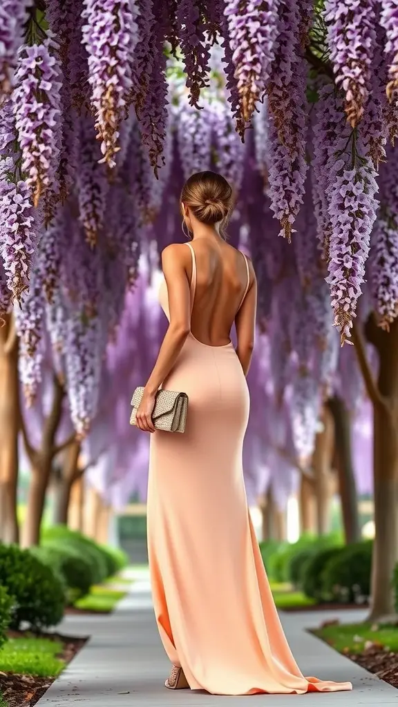 A woman in an apricot crepe dress with an open back, standing among blooming flowers.