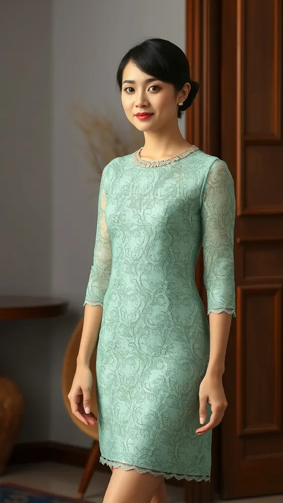 A woman wearing a jade lace tea dress with three-quarter sleeves, styled elegantly for a garden party.