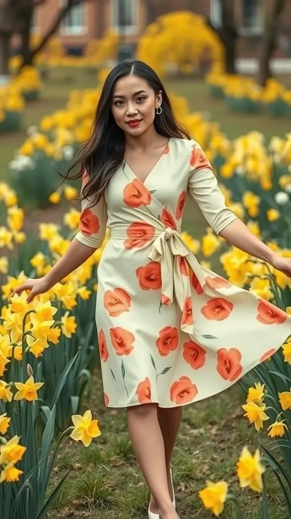 A woman wearing a pale yellow poppy-print dress, surrounded by blooming daffodils.