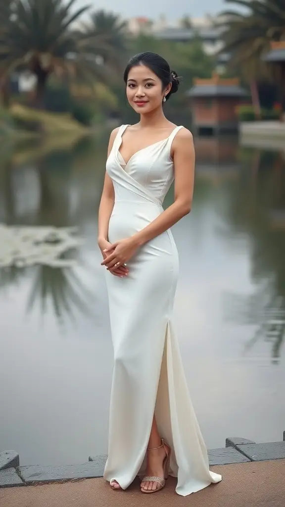 A woman wearing an ivory silk bias-cut gown, standing by a serene body of water surrounded by palm trees.