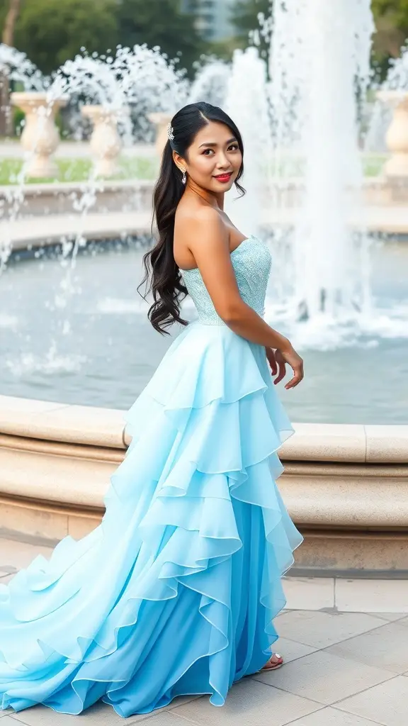 A woman wearing a sky ombre ruffle gown, standing by a fountain in a garden setting.