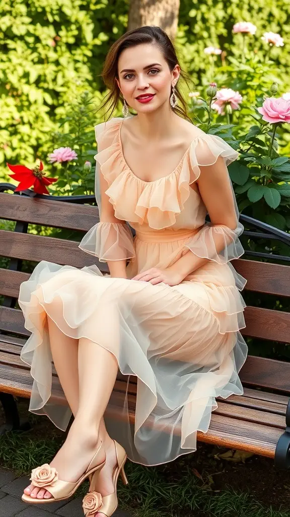 A woman sitting on a bench wearing a peach organza dress with ruffles, styled for a garden party.