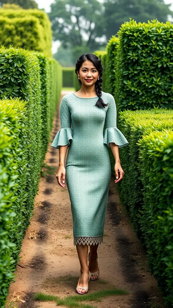 A woman wearing a tea green crochet midi dress with flared sleeves, walking along a garden path surrounded by hedges.