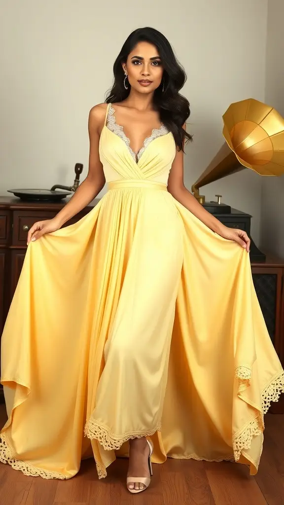A woman wearing a pastel yellow silk pleated gown, styled elegantly with coordinated makeup and accessories.