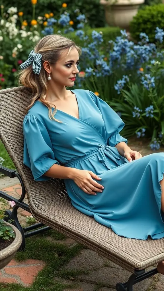 A woman in a blue floral wrap dress sitting in a garden, surrounded by colorful flowers.