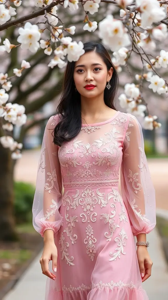 A woman wearing a rose pink embroidered net dress, surrounded by blooming flowers.