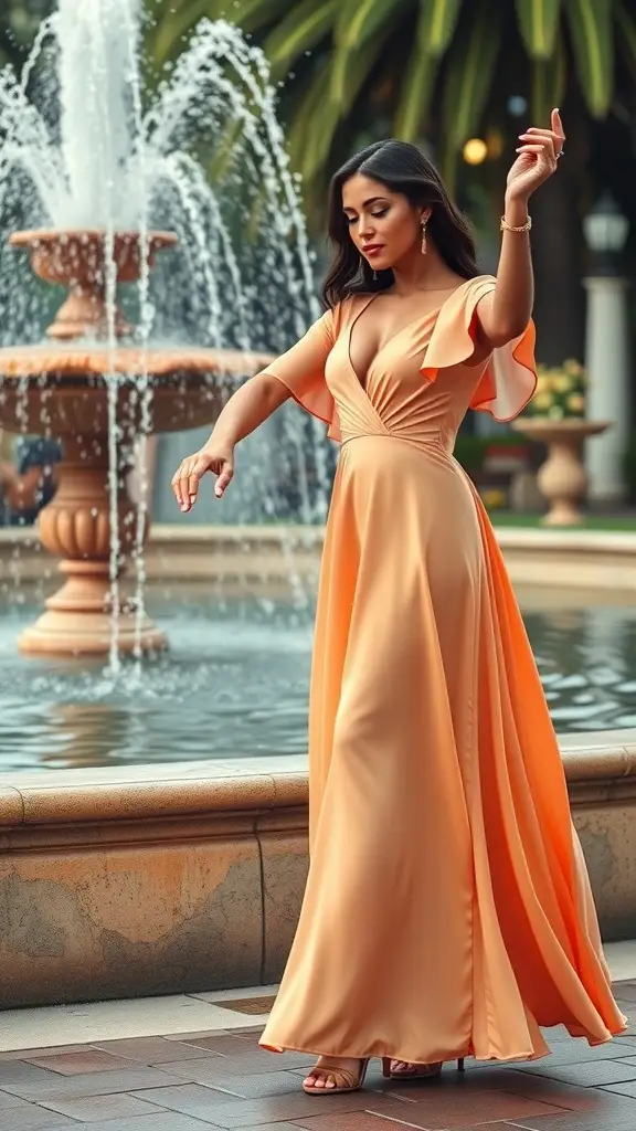 A woman in an apricot empire waist gown, standing gracefully by a fountain in a garden setting.
