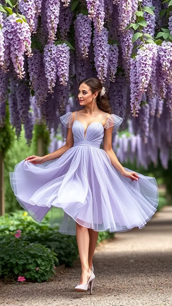 A woman in a lavender tulle dress with puff sleeves, standing under wisteria flowers.