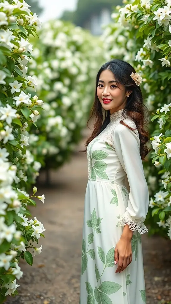 A woman in a jasmine print maxi dress with a lace collar, surrounded by blooming flowers.
