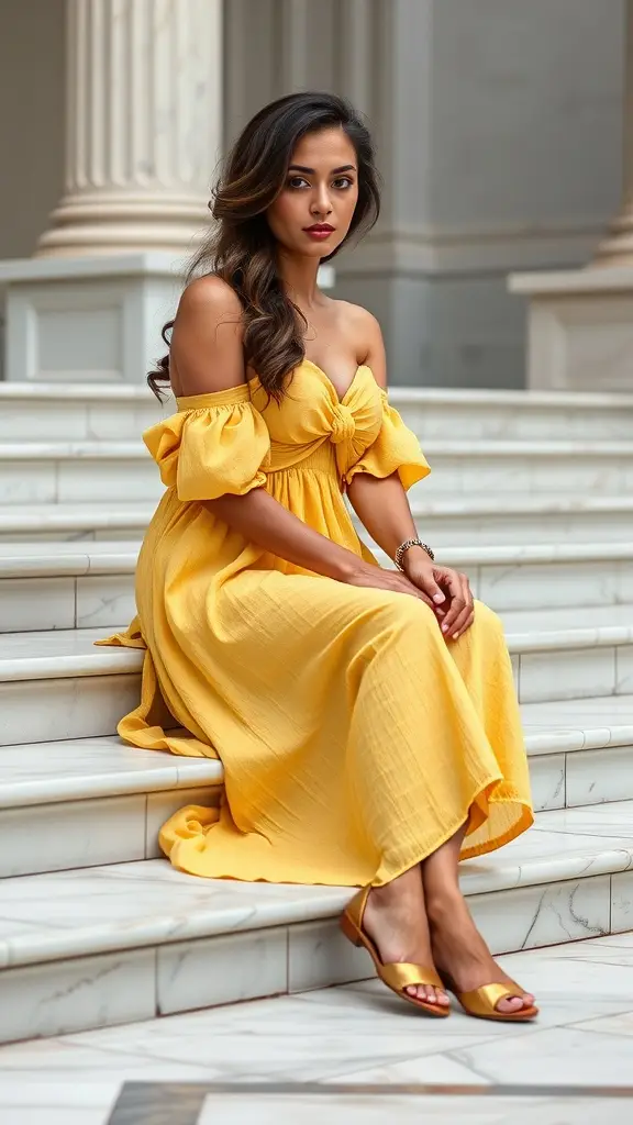 A woman in a yellow off-shoulder dress with a bow back sitting on marble steps.