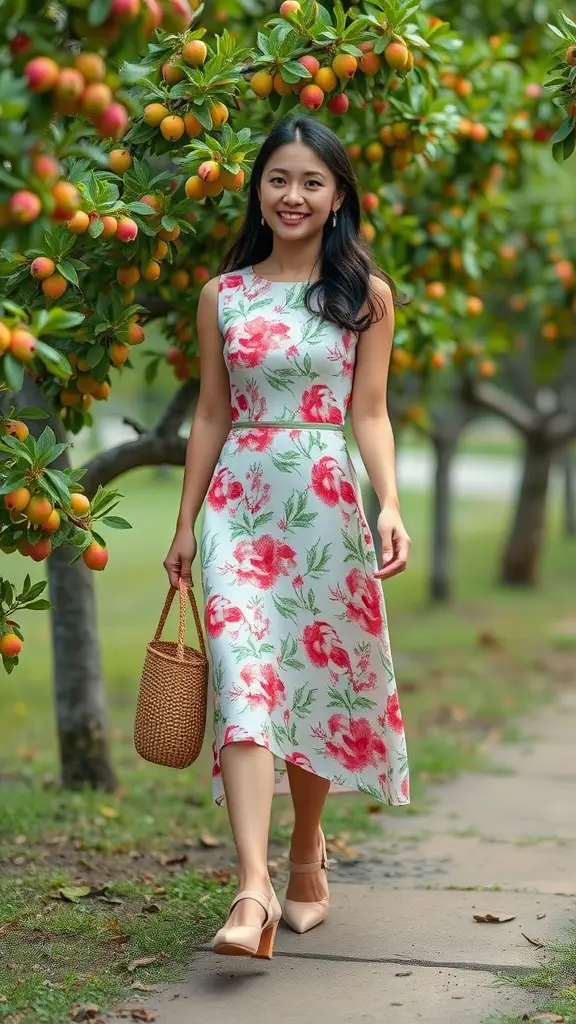 A woman in a peach blossom print midi dress walking through an orchard with peach trees.