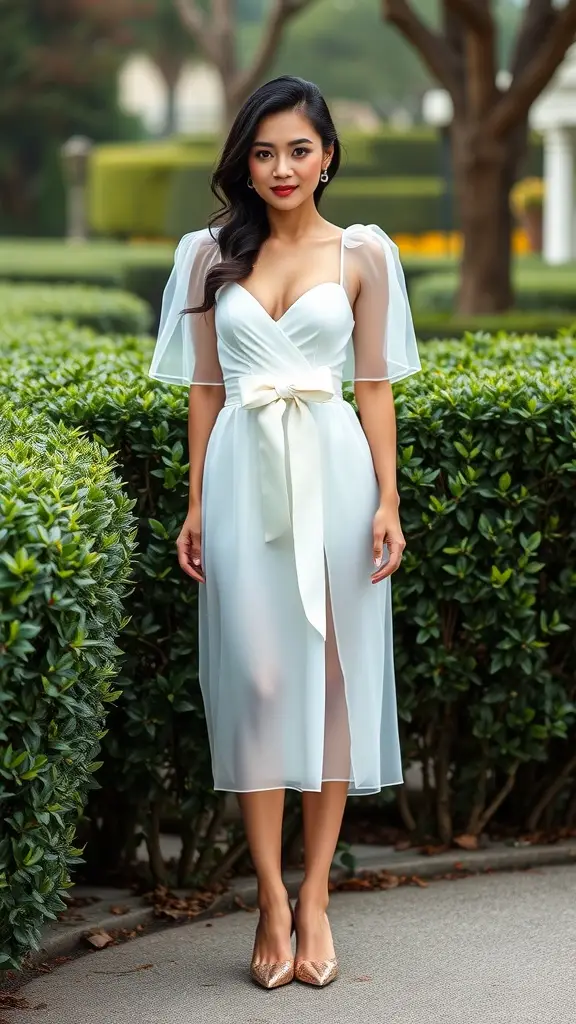 A woman wearing a white organza bow dress, styled for a garden party.