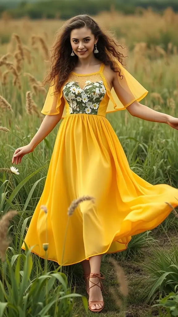 A woman wearing a golden yellow garden maxi dress with a capelet, standing in a field of tall grass.