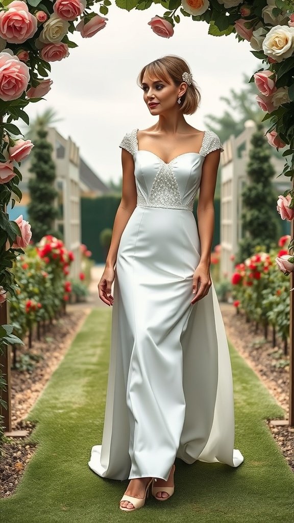 A bride in a 1920s-inspired wedding dress standing in a garden filled with roses.