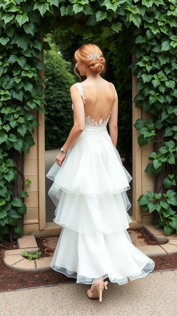 A bride in a ruffled wedding dress standing in a garden, showcasing a beautiful back design and layers of fabric.