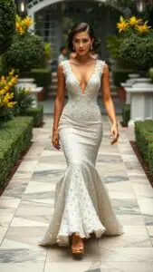 A woman wearing a 1920's inspired sequin wedding dress.