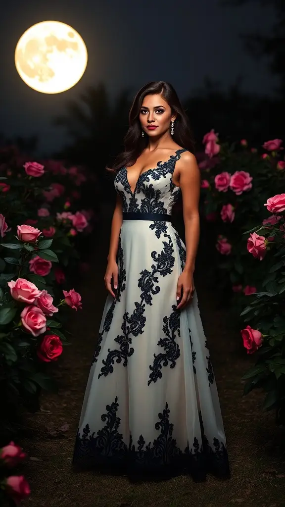 A bride in a beautiful 1920s-inspired wedding dress surrounded by roses at night