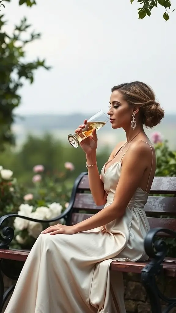 A woman in a champagne-colored slip dress, sitting on a bench in a garden, holding a glass of champagne.