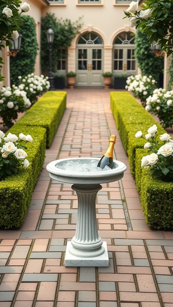 A beautiful courtyard with a marble pedestal holding champagne, surrounded by manicured hedges and blooming white roses.